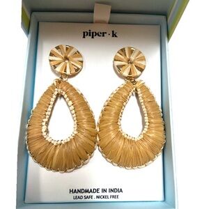 Piper K Raffia Dangle Earrings Cream Tan Drop Lightweight Boho Statement NWT